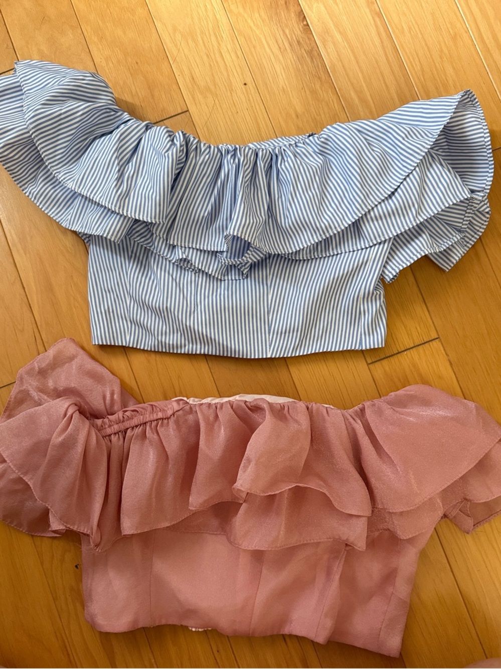 Off-Shoulder Ruffle Crop Top - Pink and Blue